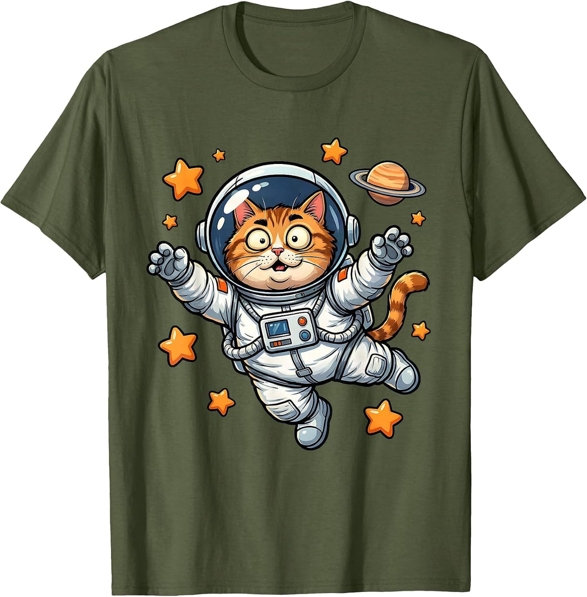 Men's Space Cat Astronaut Helmet Floating Galaxy Design T-Shirt - Olive Green