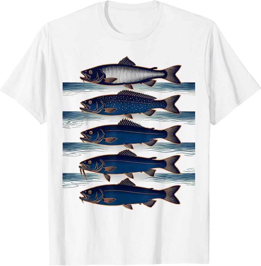 Men's Freshwater Fish Species Ukiyo-e Fishing Enthusiast T-Shirt - White