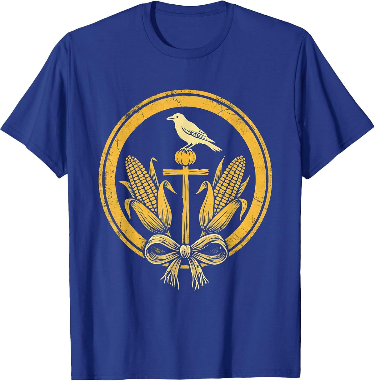Men's Crow on Scarecrow Fall Cornfield Illustration T-Shirt - Royal Blue