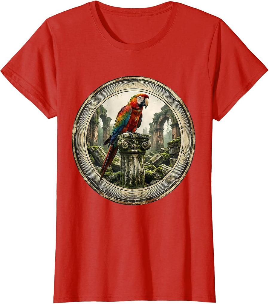 Women's Parakeet on Stone Ruins Graphic Design T-Shirt - Red