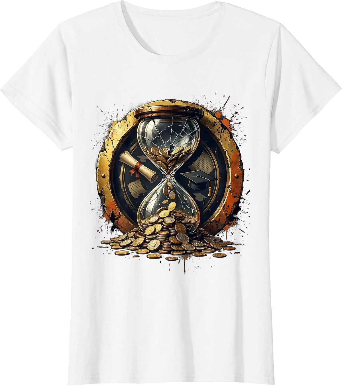 Giant Hourglass Raining Coins College Graphic T-Shirt - White