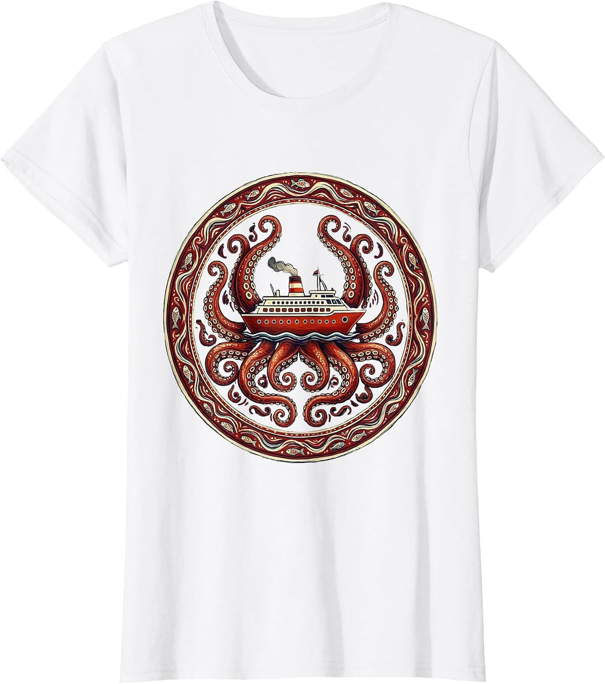 Giant Octopus Hugging Cruise Ship Illustration T-Shirt - White