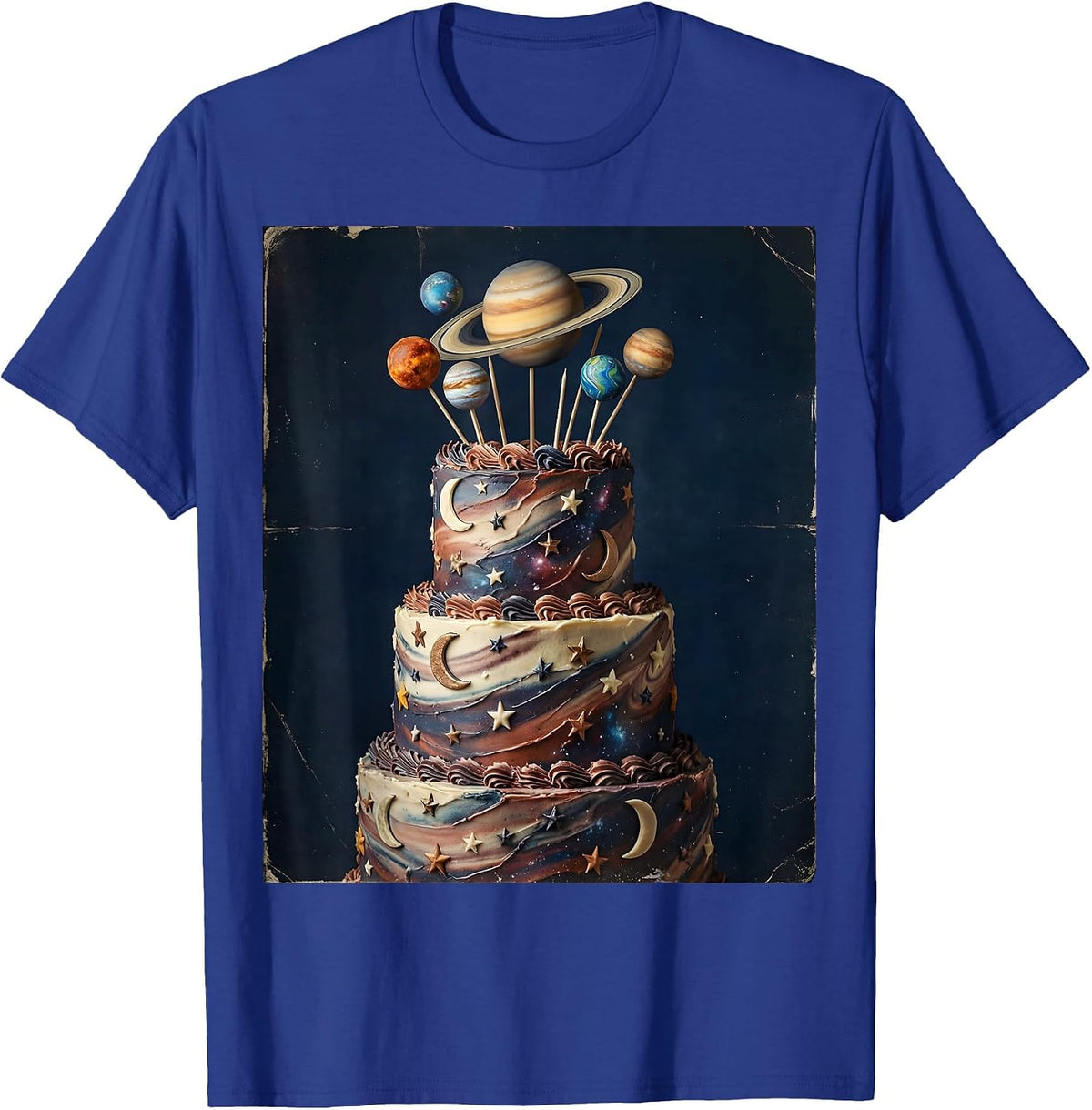 Galaxy Birthday Cake with Planet Toppers Illustration T-Shirt - Royal Blue