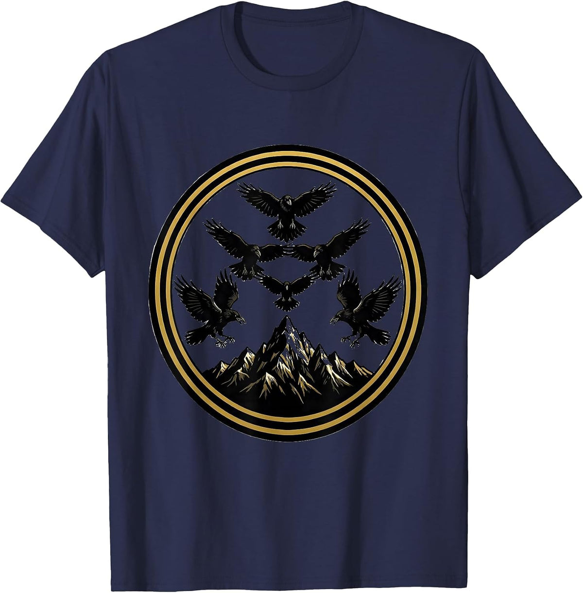 Men's Crow Silhouettes V-Formation Over Mountains T-Shirt - Navy Blue