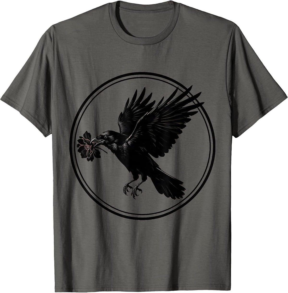 Men's Crow With Flower in Beak Illustration T-Shirt - Asphalt Grey