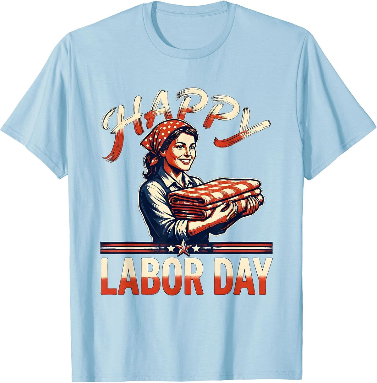 Men's Happy Labor Day Patriotic Woman Messy Bun Mom USA Flag T-Shirt - Baby Blue