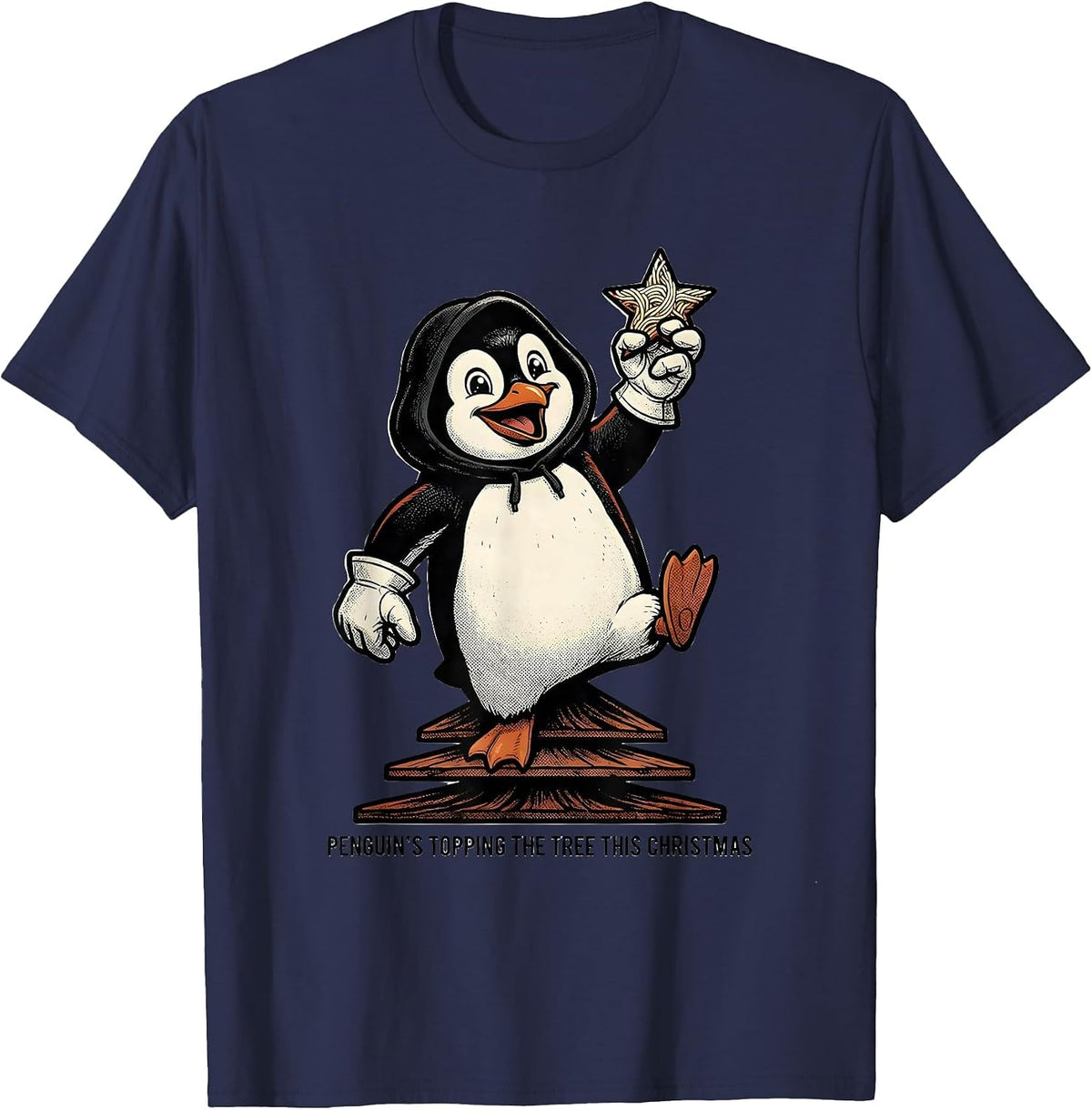 Men's Penguin's Topping The Tree This Christmas Funny T-Shirt - Navy Blue