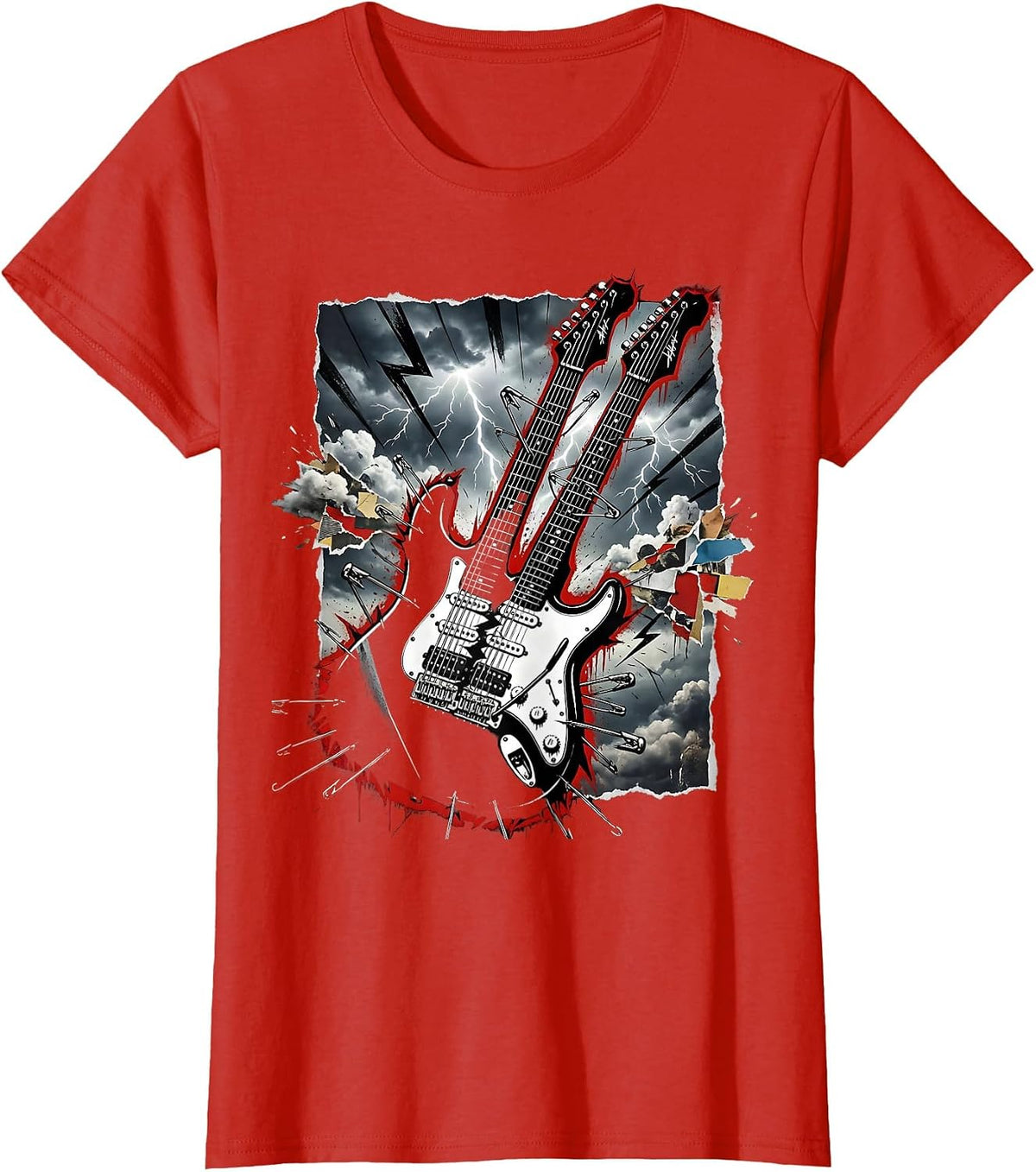 Double-Neck Guitar Stormy Sky Classic Rock Design T-Shirt - Red