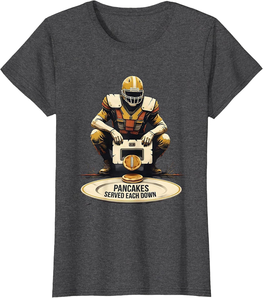 Women's Pancakes Served Each Down Funny Football Lineman Offensive T-Shirt - Dark Heather Grey