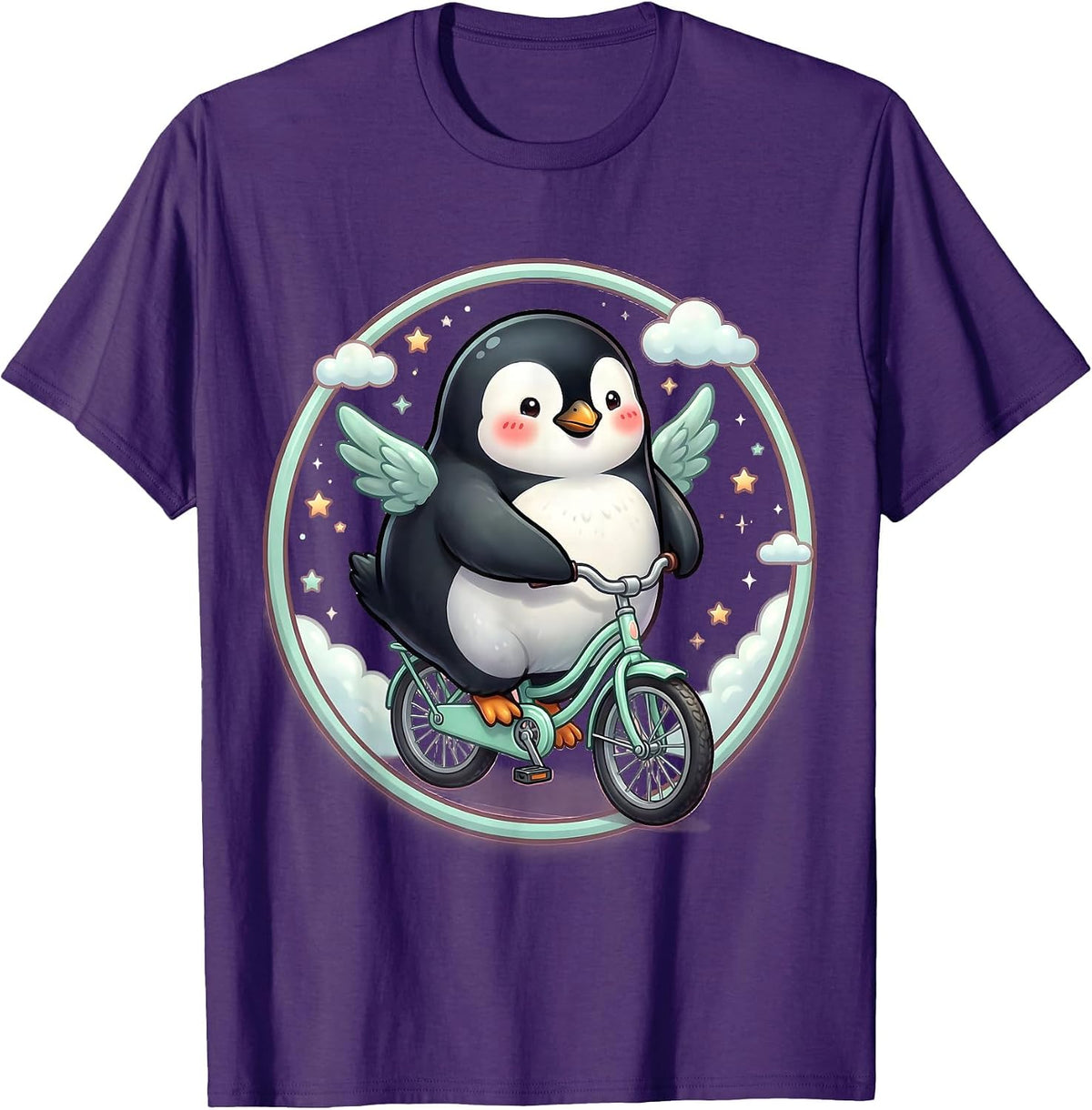 Penguin Riding a Bicycle with Tiny Wheels T-Shirt - Purple