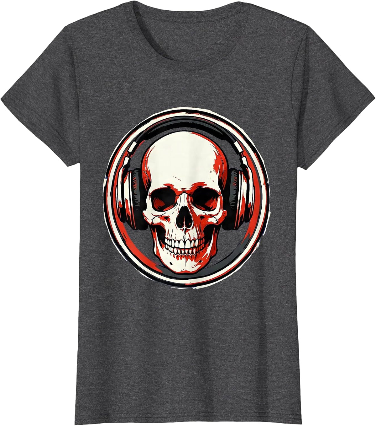 Women's Skull With Headphones Rock Music Graphic T-Shirt - Dark Heather Grey