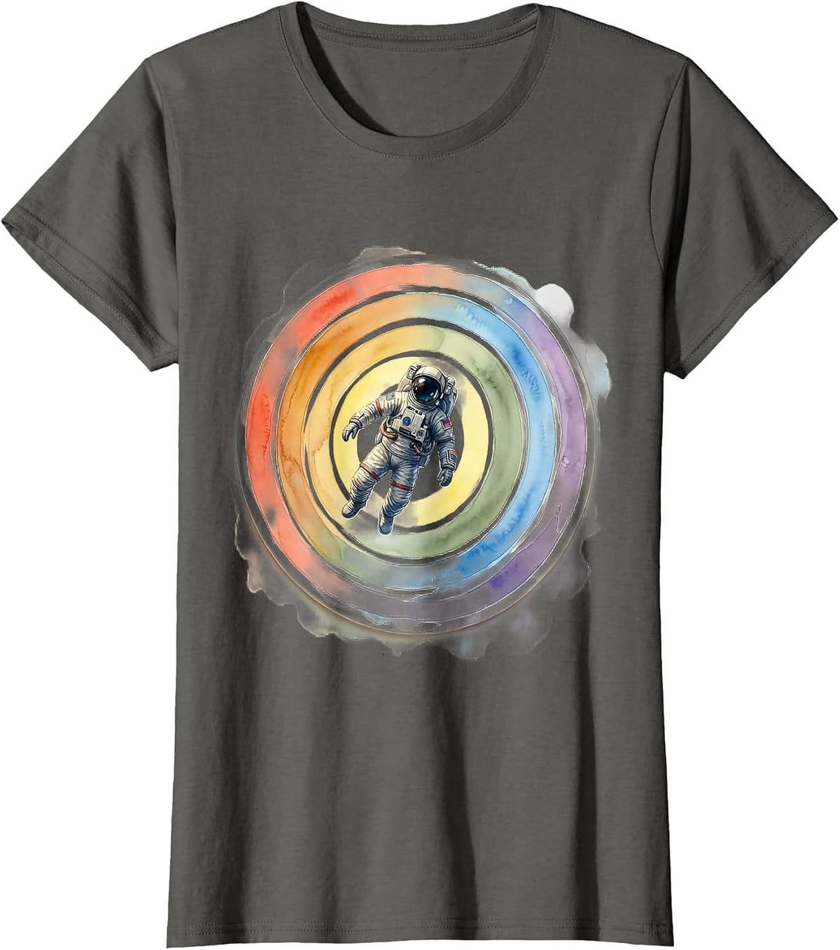Women's Astronaut Floating Through Rainbow Rings T-Shirt - Asphalt Grey