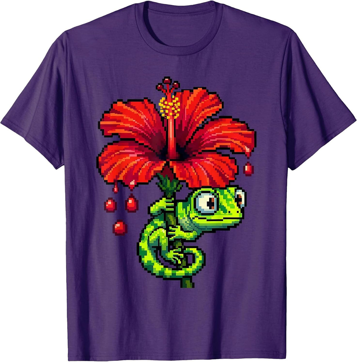 Gecko Climbing Dripping Hibiscus Hawaiian Design T-Shirt - Purple