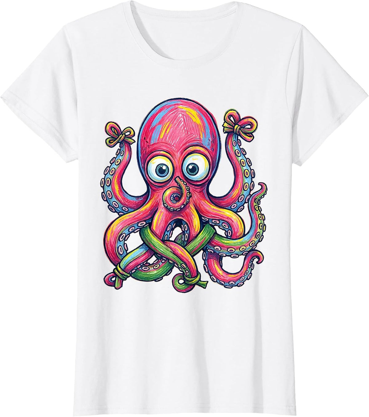 Women's Derpy Googly-Eyed Octopus Tangled Tentacles T-Shirt - White