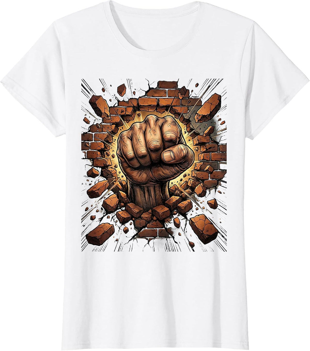 Grunge Fist Through Brick Wall Graphic Tee T-Shirt - White