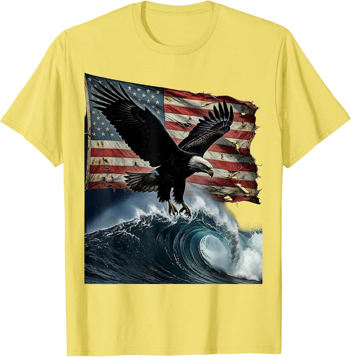 Men's Bald Eagle Diving Ocean Wave USA Freedom T-Shirt - Lemon Yellow