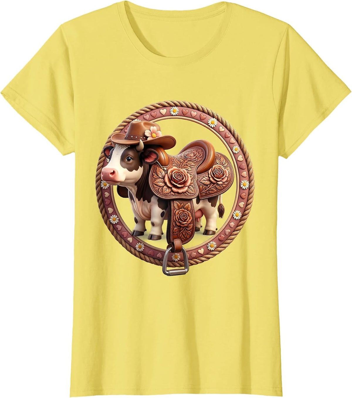 Floral Tooled Leather Saddle Cowgirl Design T-Shirt - Lemon Yellow
