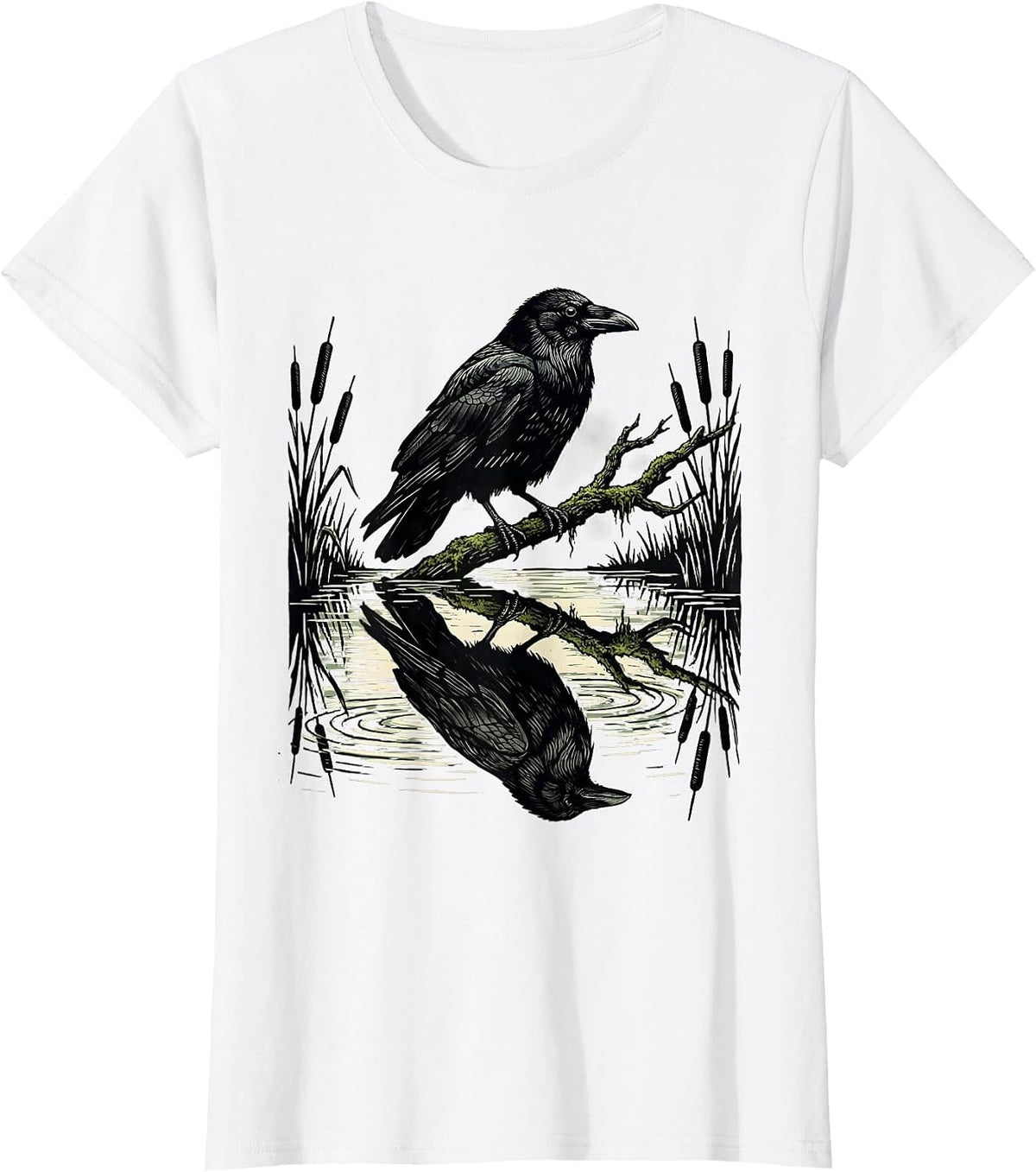 Crow Reflection Still Forest Pond Illustration T-Shirt - White