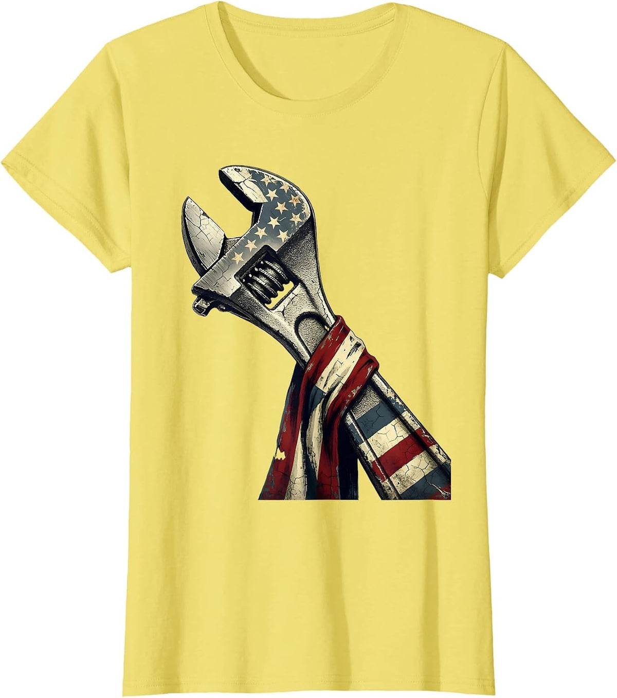 Labor Day American Flag Giant Wrench Graphic T-Shirt - Lemon Yellow