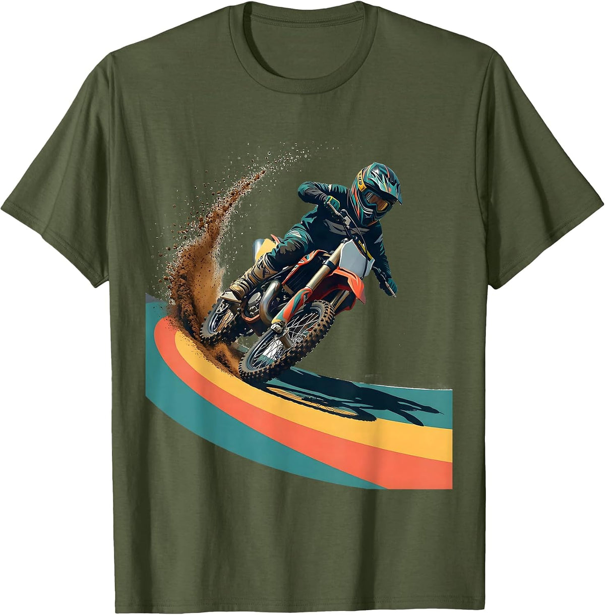 Motocross Kid Flat Vector Youth Dirt Bike Gift T-Shirt - Olive Green