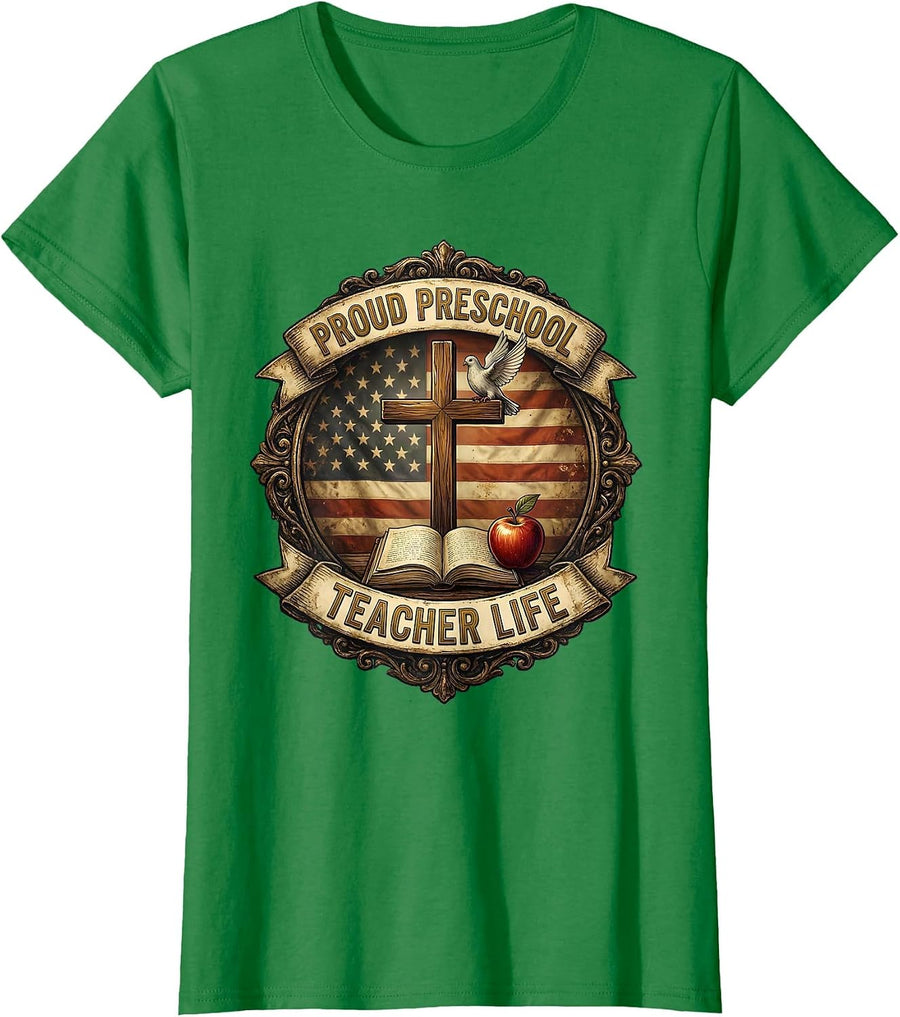 Women's Proud Preschool Teacher Life Educator Design T-Shirt - Kelly Green