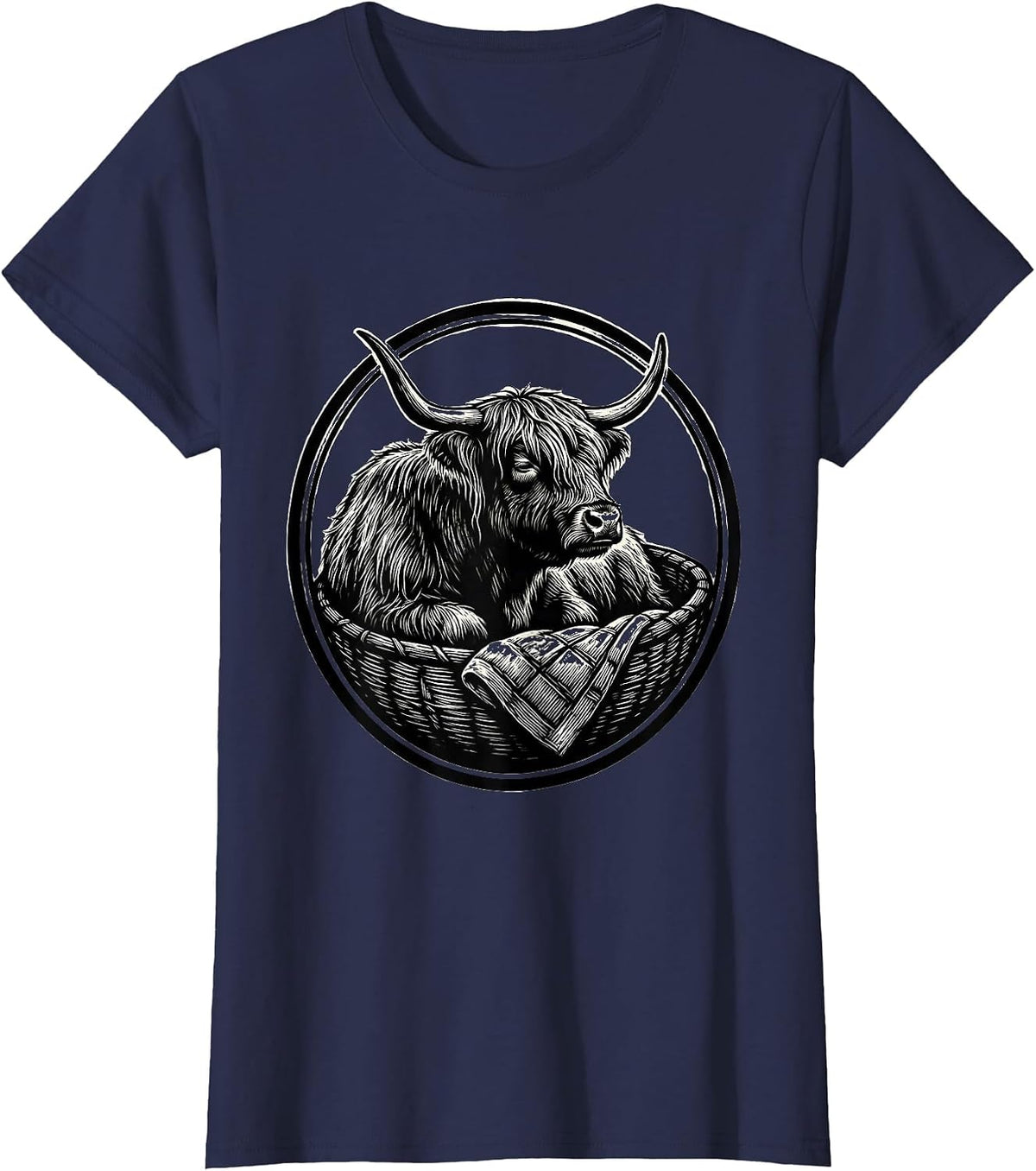 Women's Highland Cow Sleep Basket Cozy Scratchboard Art T-Shirt - Navy Blue