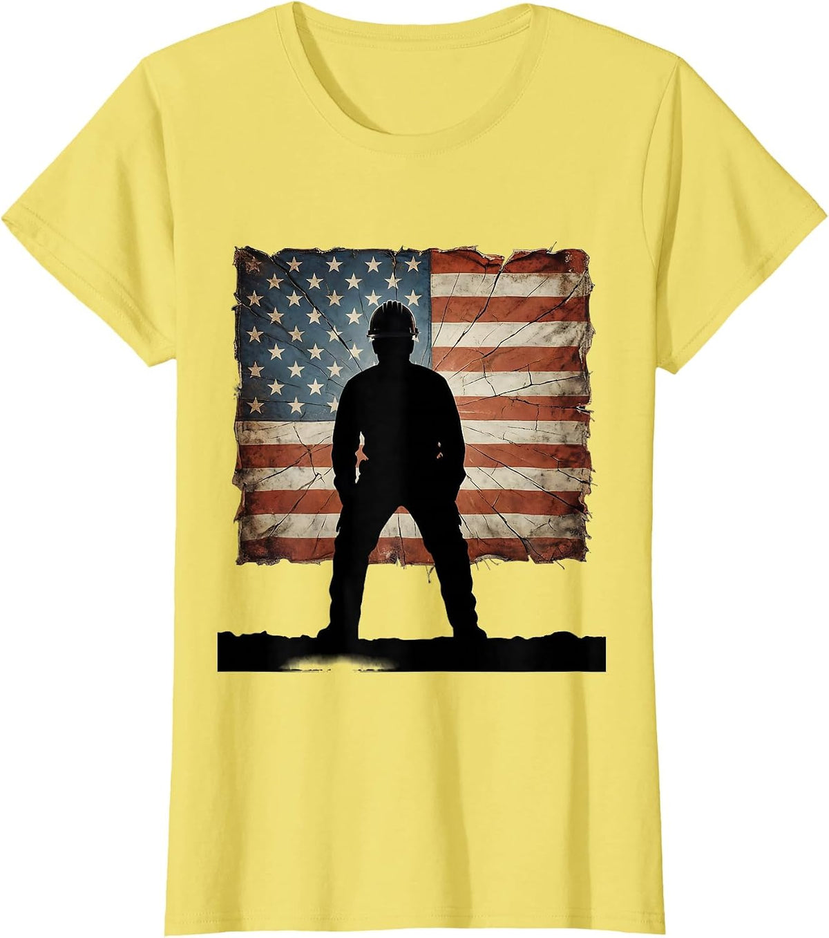 Construction Worker Hard Hat American Flag Patch T-Shirt - Lemon Yellow