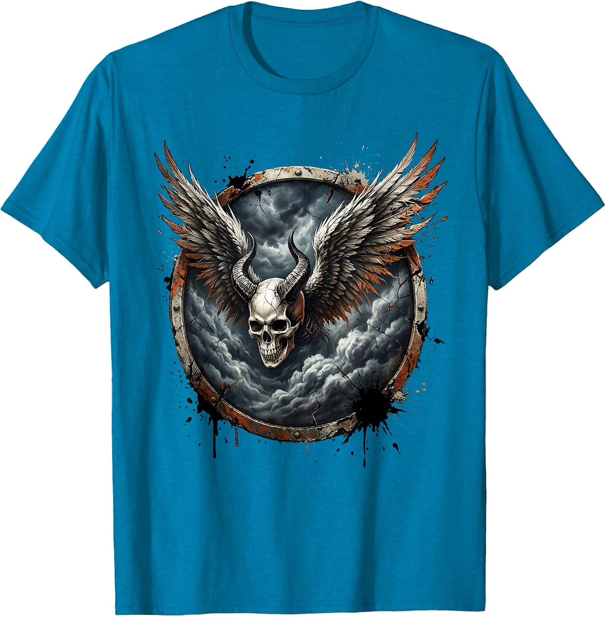 Winged Skull Storm Clouds Metal Band Graphic T-Shirt - Sapphire Blue