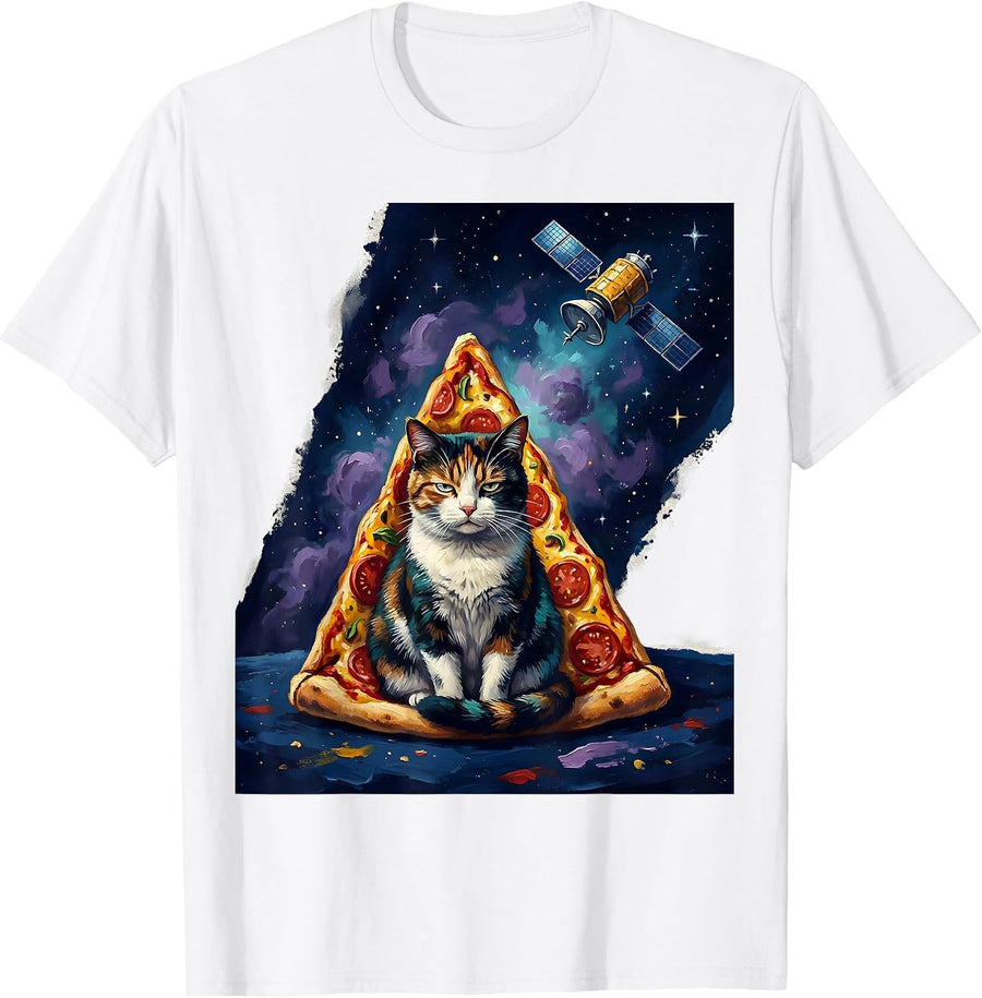 Men's Deadpan Cat In Pizza Slice Space Meme Humor T-Shirt - White