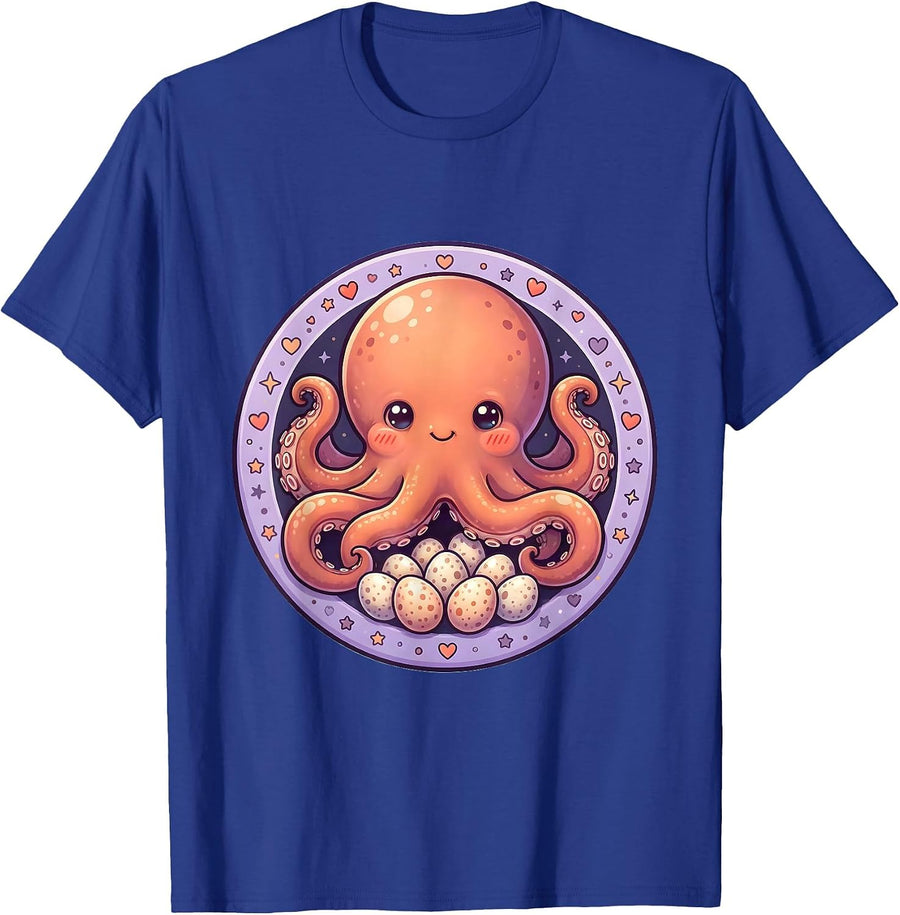 Mother Octopus Guarding Eggs Illustration T-Shirt - Royal Blue