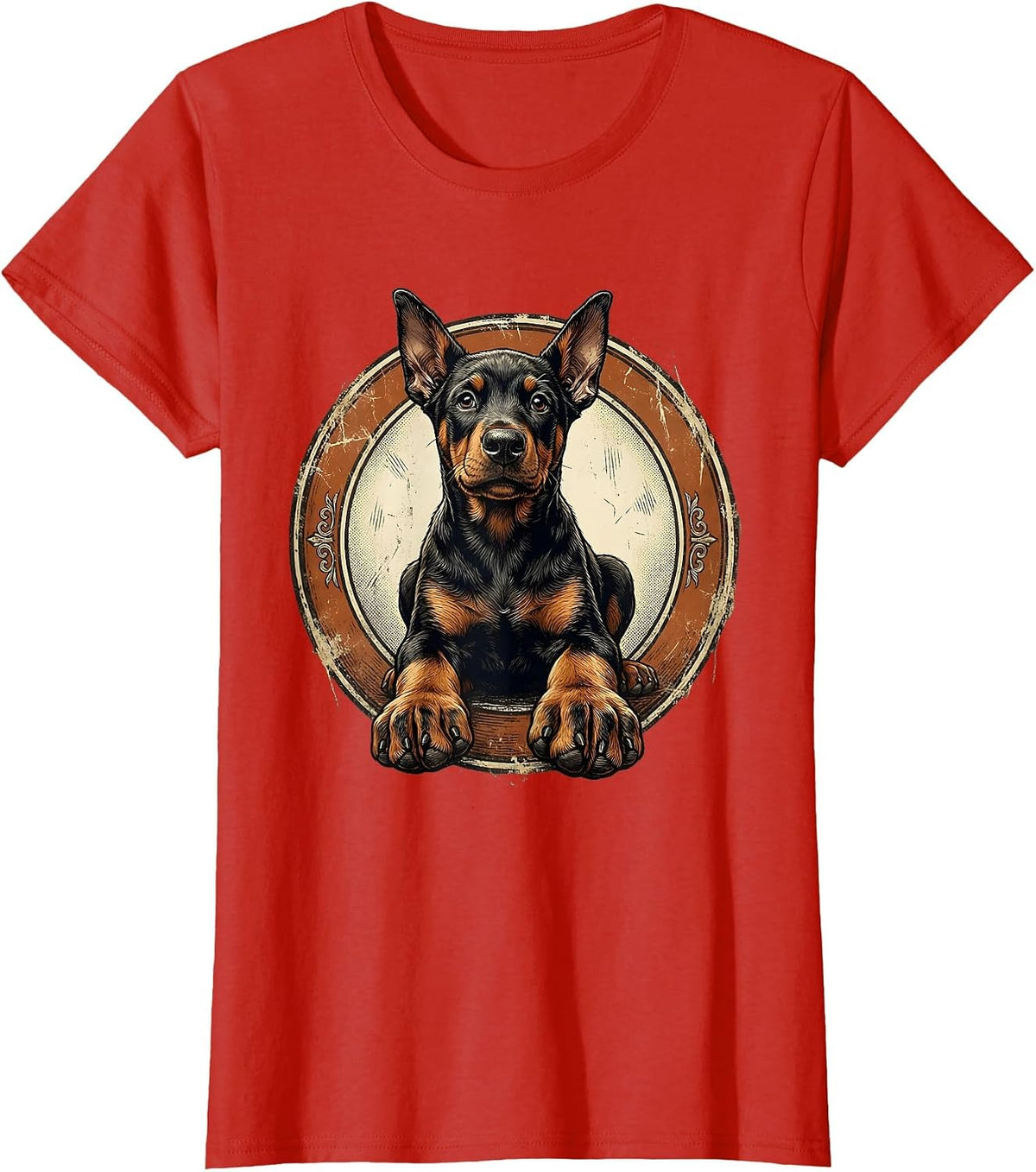 Cute Doberman Puppy Big Paws Sitting Graphic T-Shirt - Red