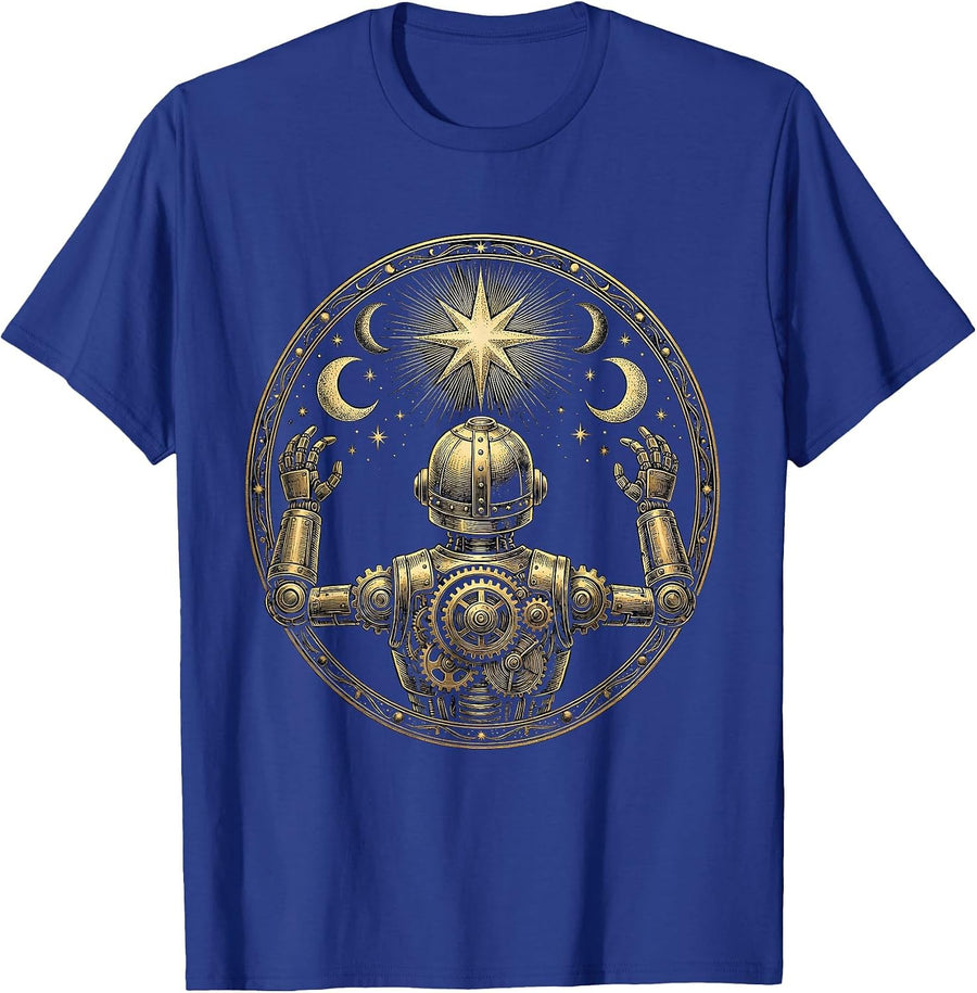 Robot Gazing at Starry Night Sky Illustration T-Shirt - Royal Blue
