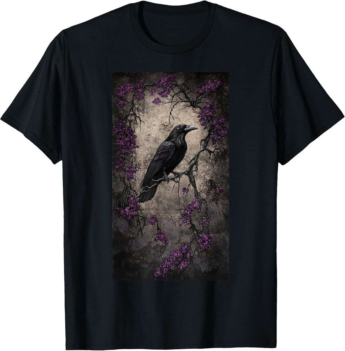 Gothic Raven Blackbird Gothic Art Floral Nature T-Shirt - Black