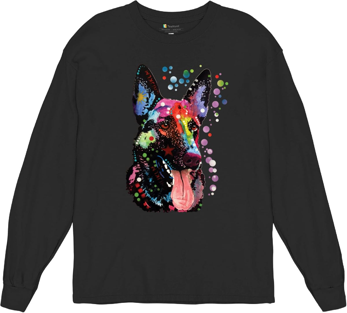 Tee Hunt Dean Russo German Shepherd Long Sleeve T-Shirt Colorful Dog Best Friend - Black