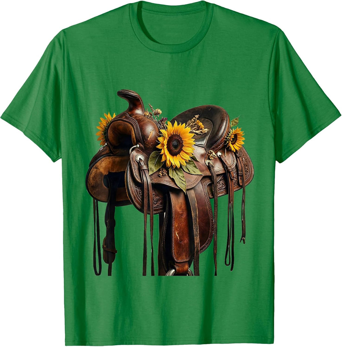 Men's Sunflower Saddle Cowgirl Western Floral Illustration T-Shirt - Kelly Green