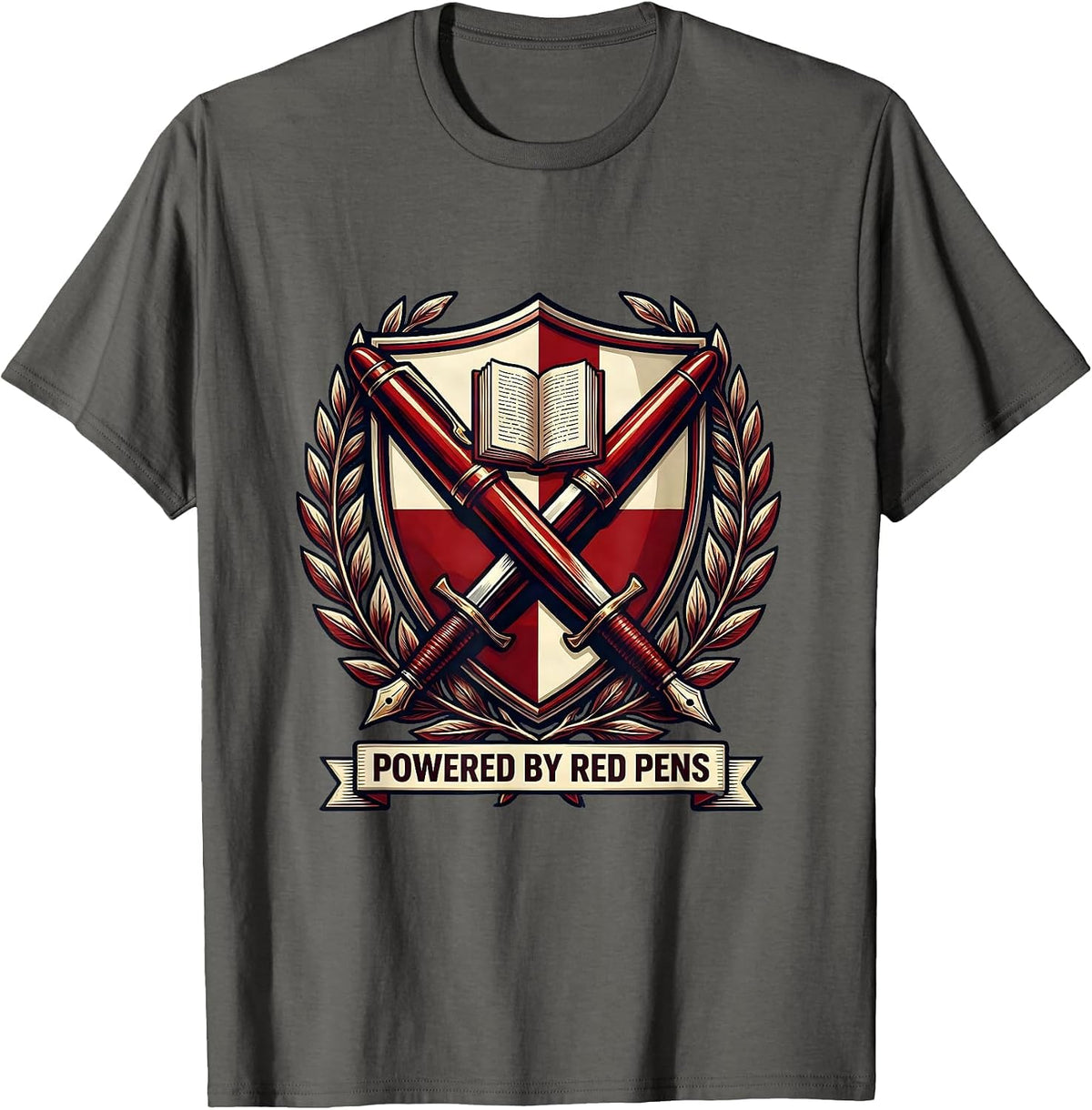Powered by Red Pens English Teacher Design T-Shirt - Asphalt Grey