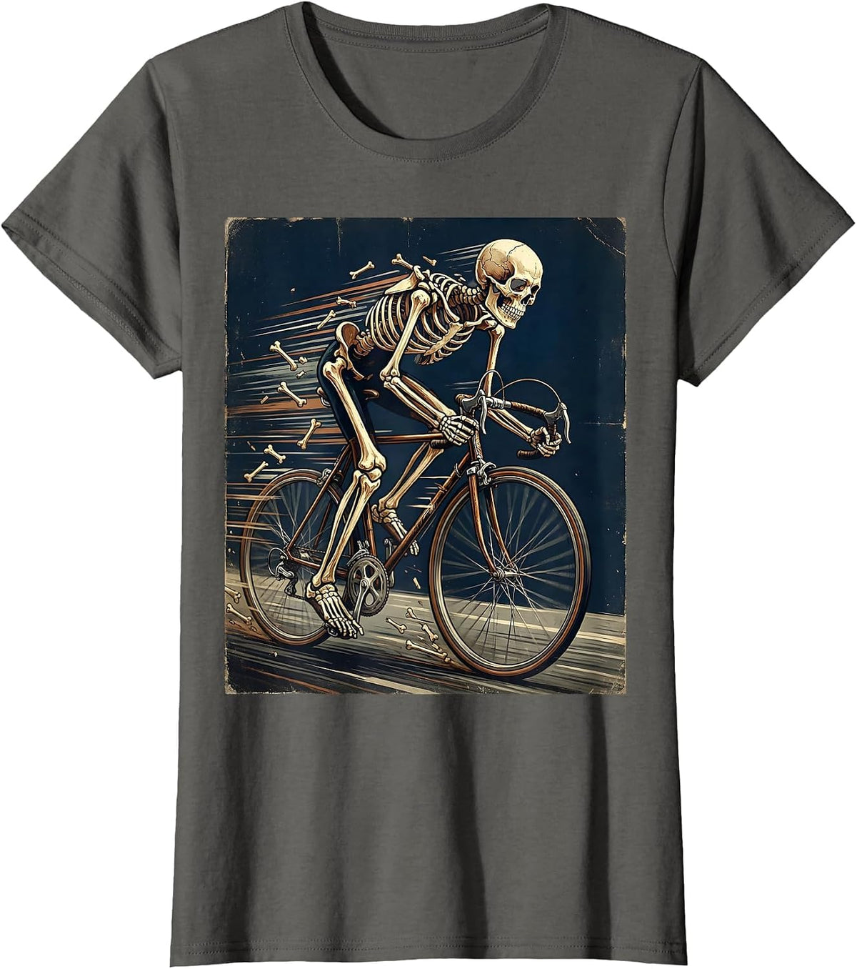 Women's Skeleton Cyclist Racing Full Speed Bike Graphic T-Shirt - Asphalt Grey
