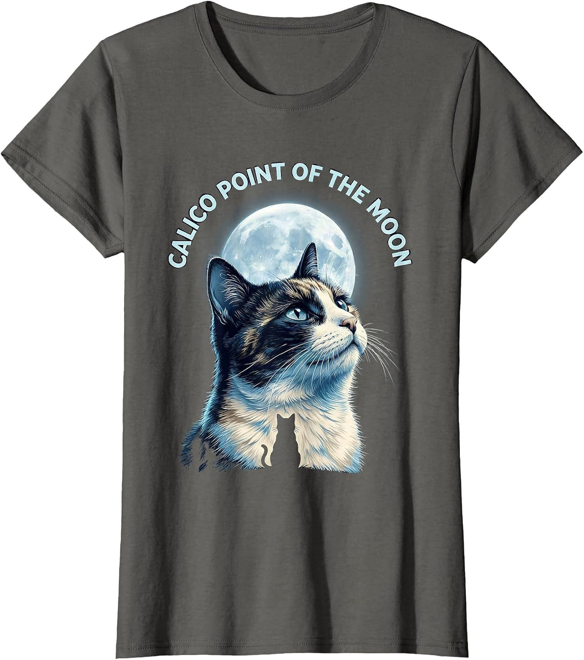 Women's Calico Point Of The Moon Funny Cat Lover 90s Retro T-Shirt - Asphalt Grey