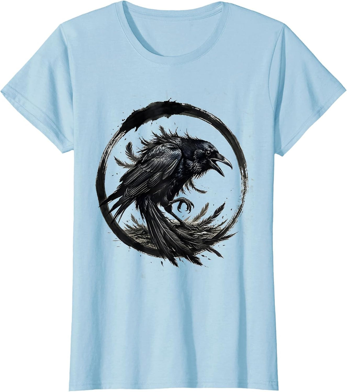 Wild Crow Ruffled Feathers Storm Wind Illustration T-Shirt - Baby Blue