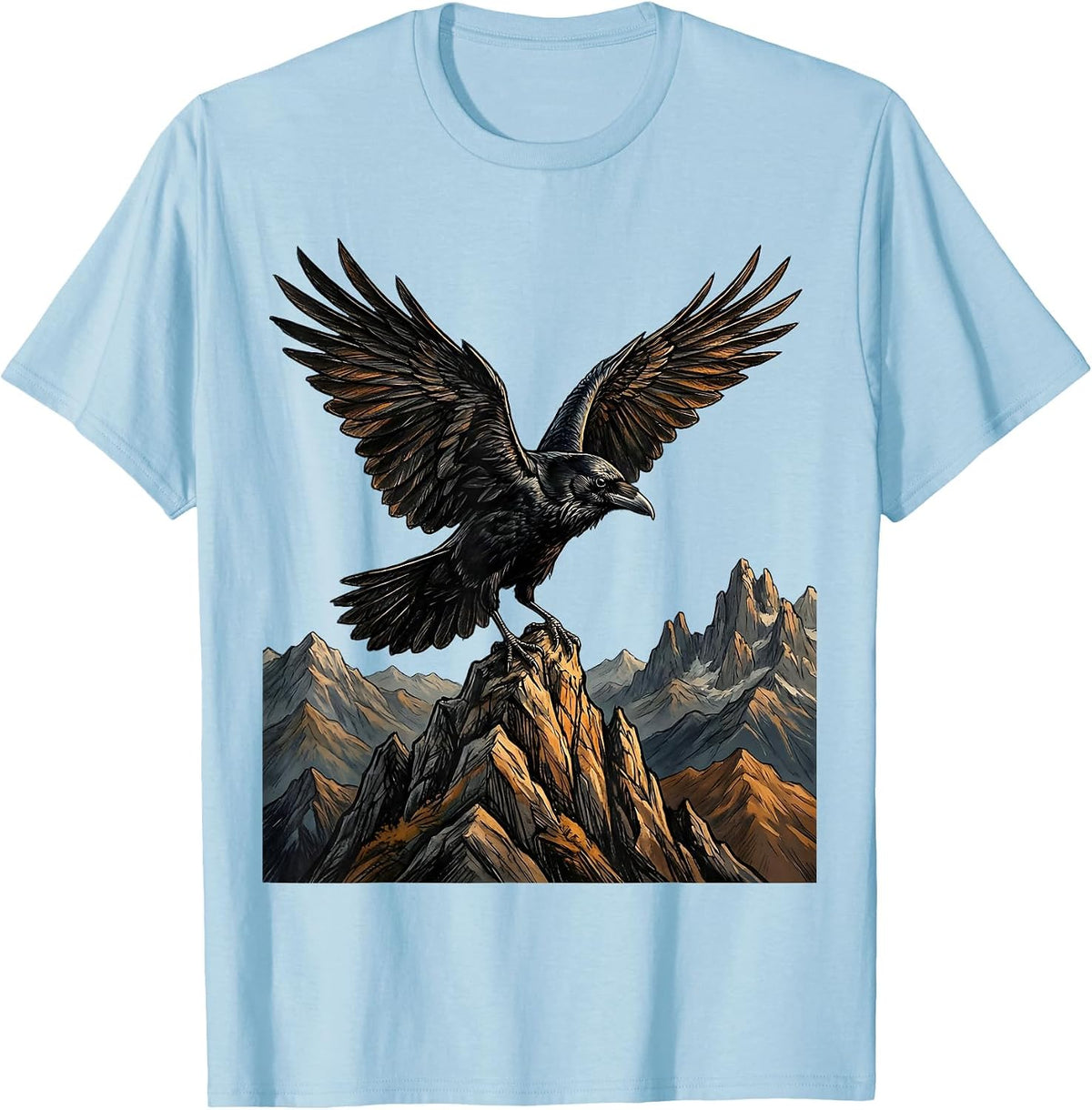 Men's Crow With Outstretched Wings On Mountain Peak T-Shirt - Baby Blue