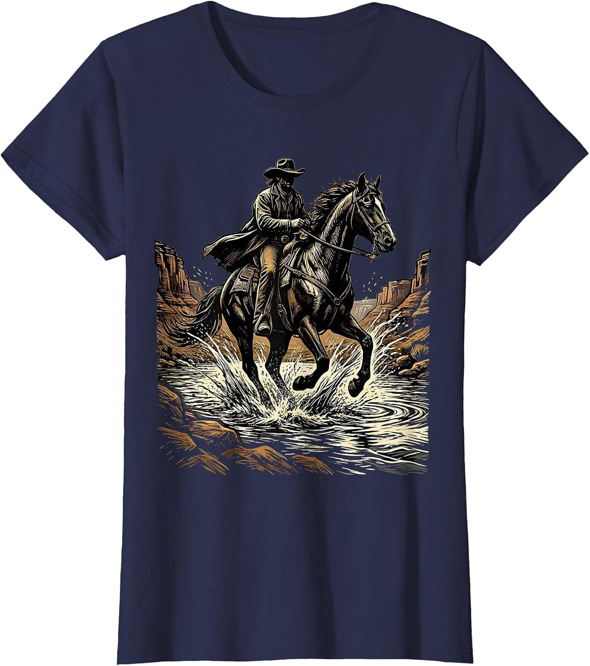 Women's Cowboy on Horseback River Crossing Graphic T-Shirt - Navy Blue