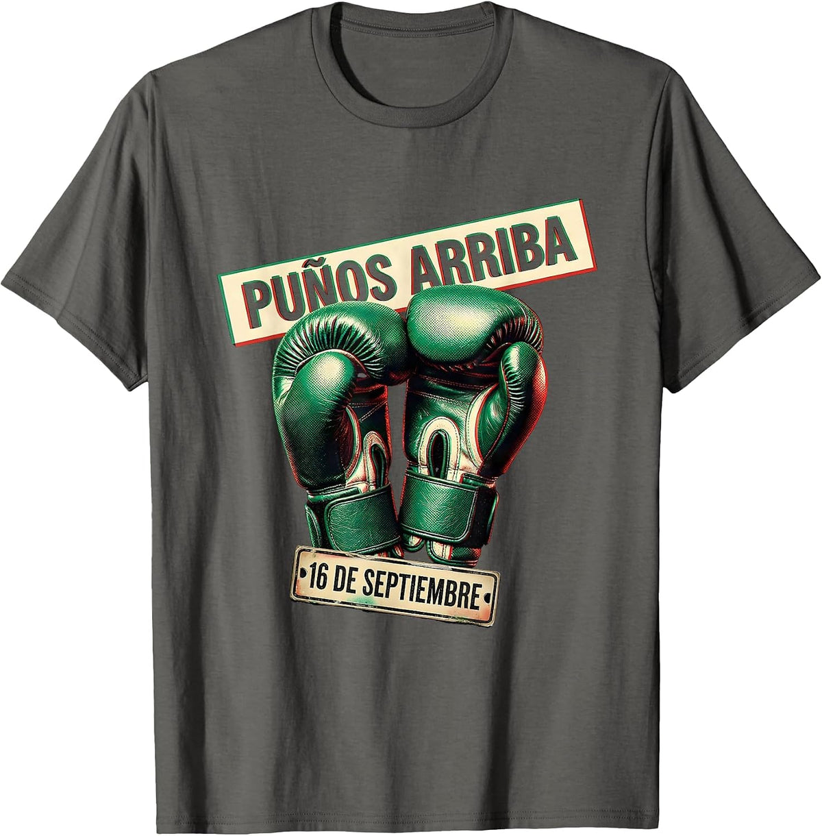 Men's 16 De Septiembre Puños Arriba Mexican Boxing Flag Vintage T-Shirt - Asphalt Grey