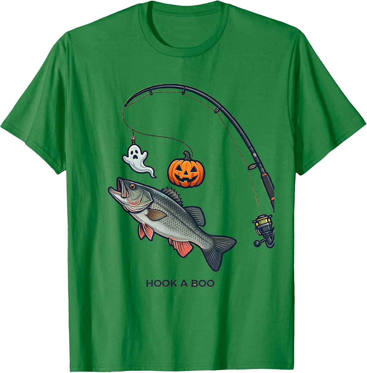 Men's Hook a Boo Flat Vector Halloween Fishing Ghost Lure T-Shirt - Kelly Green