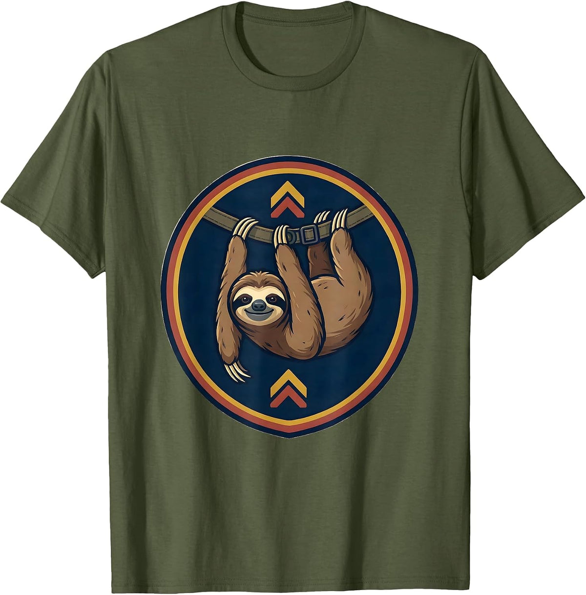 Men's Circular Shield Sloth Badge Hiking Backpack Emblem Humor T-Shirt - Olive Green