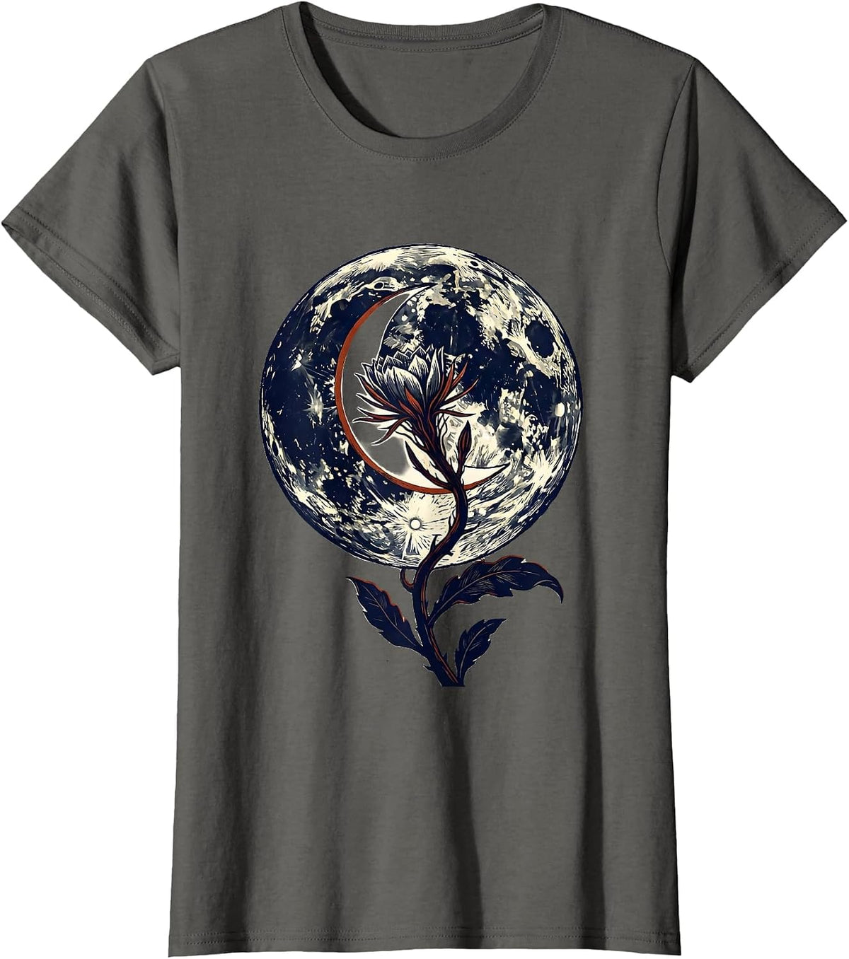 Women's Lunar Crescent Night-Blooming Stem Linocut Boho Celestial T-Shirt - Asphalt Grey