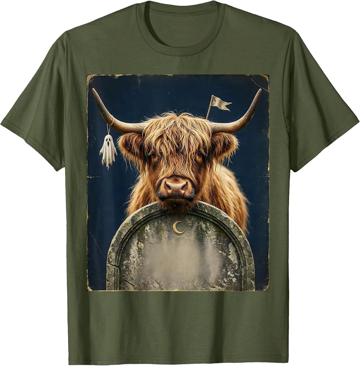 Men's Highland Cow Vintage Halloween Costume Humor T-Shirt - Olive Green