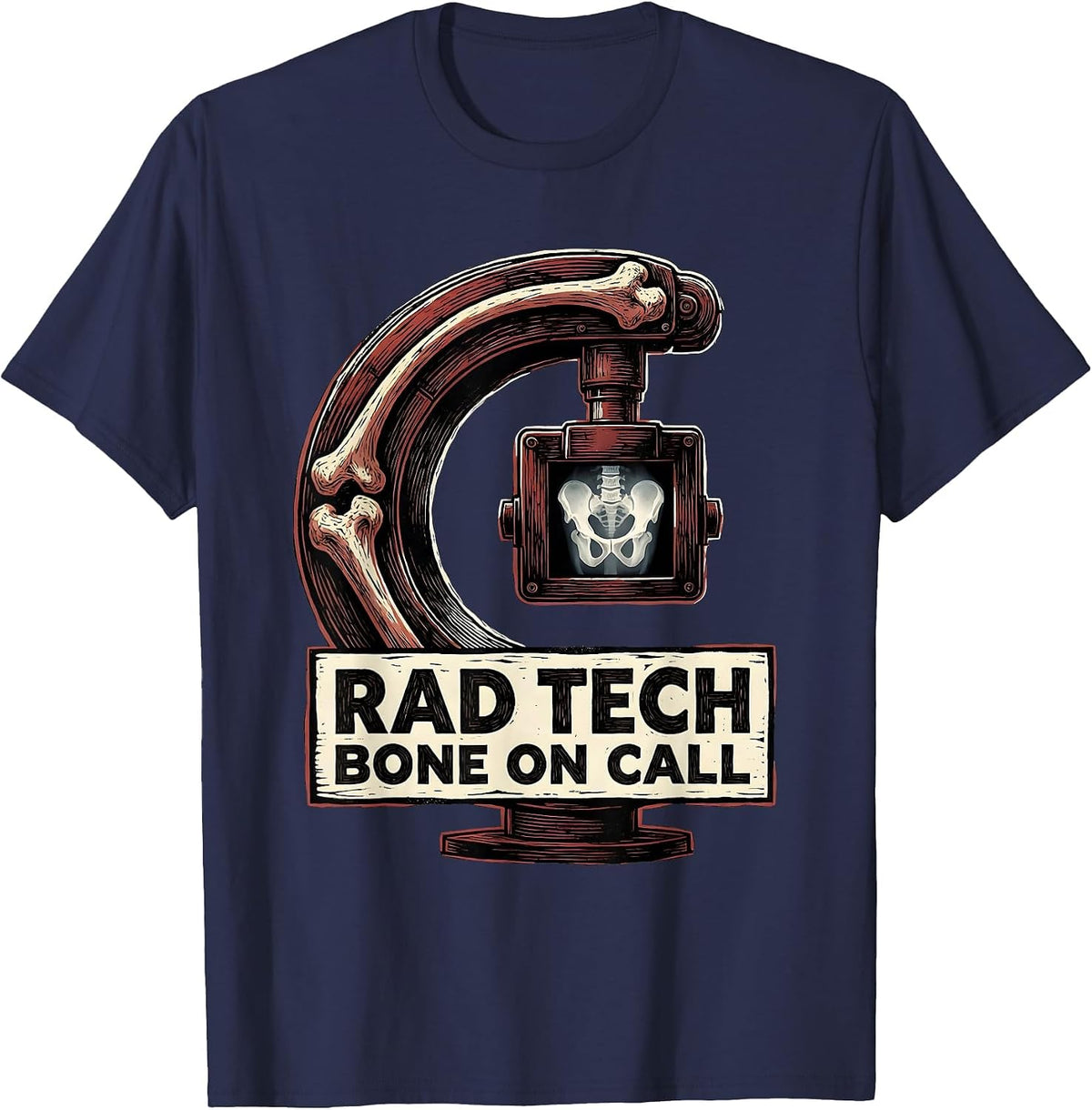 Men's Rad Tech Bone On Call Linocut Radiology Technician Humor T-Shirt - Navy Blue