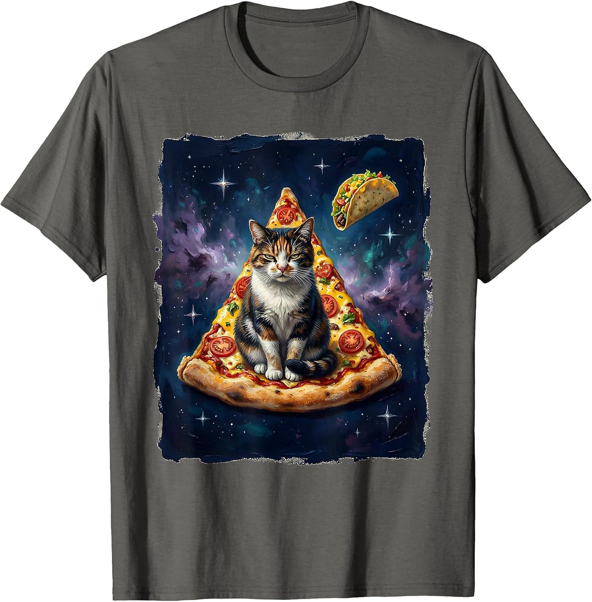 Deadpan Cat In Pizza Slice Space Meme Humor T-Shirt - Asphalt Grey