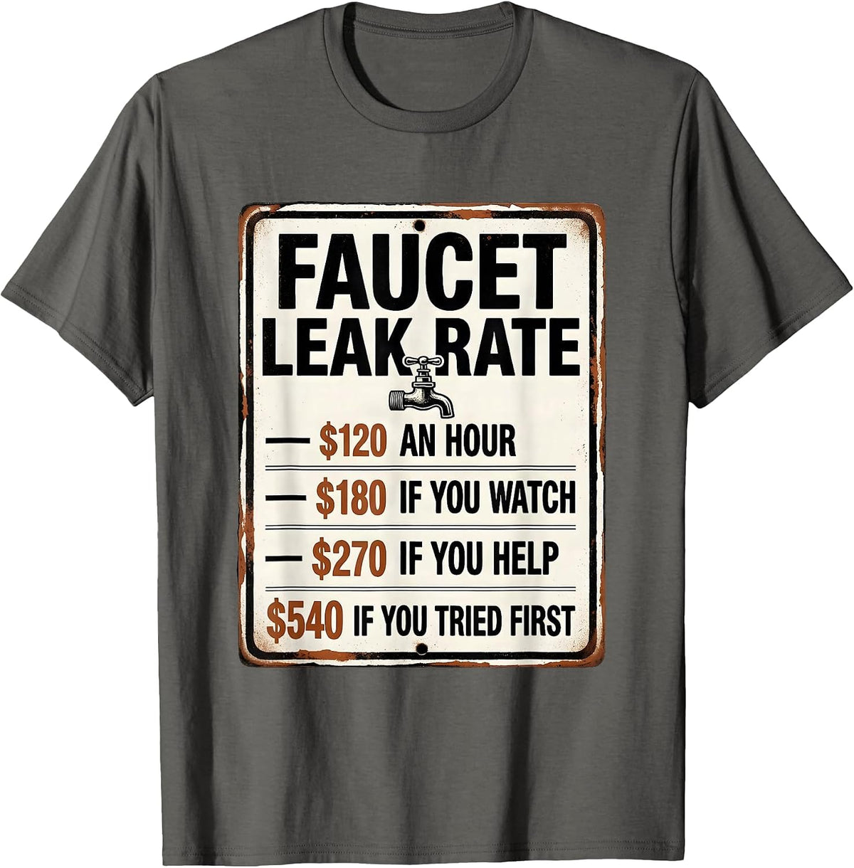 Faucet Leak Rate Funny Plumber Hourly Rate Gift T-Shirt - Asphalt Grey
