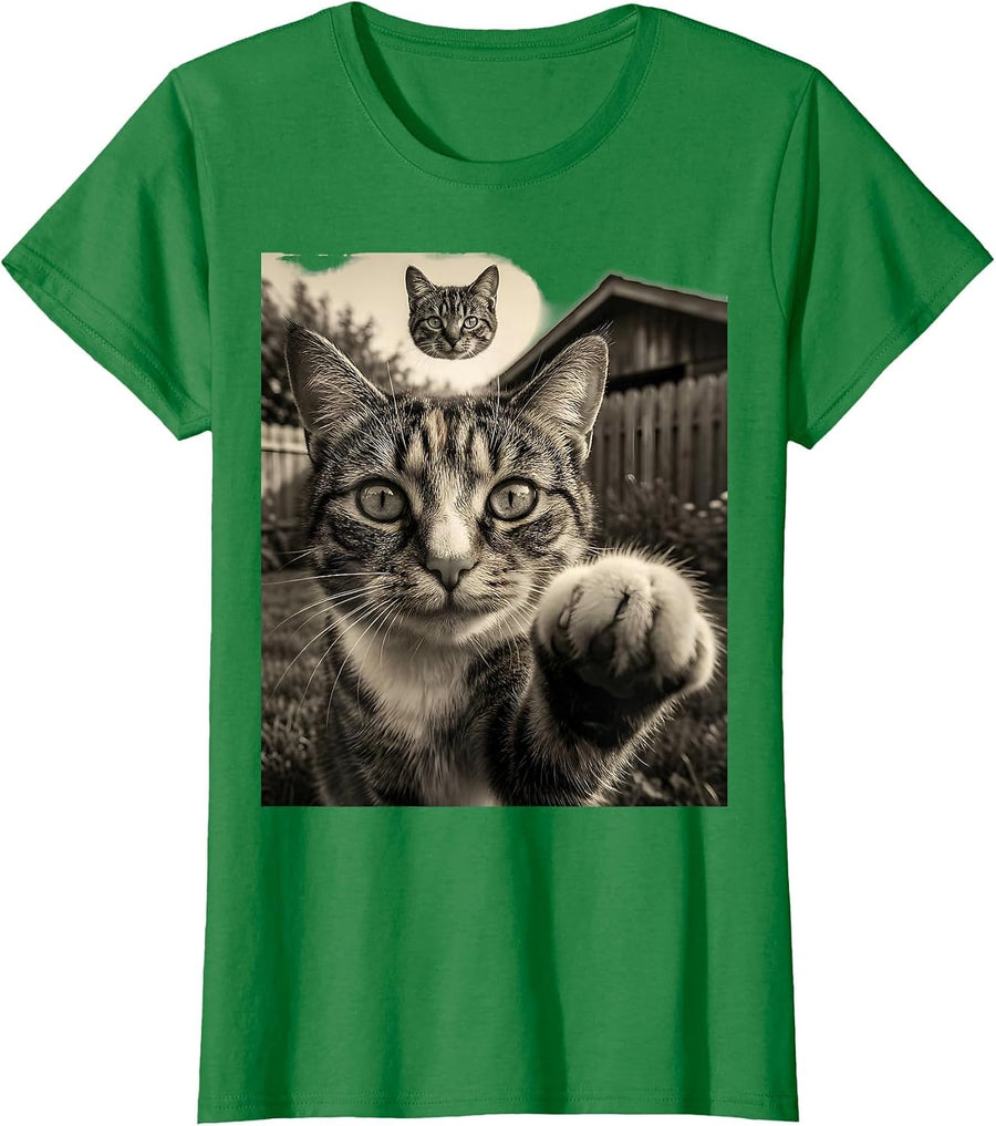 Women's Calico Cat UFO Selfie Funny Meme Gift For Cat Lovers T-Shirt - Kelly Green